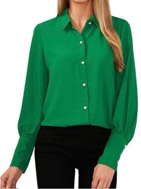 CeCe Emerald Green Blouse with Pearl Buttons NWT